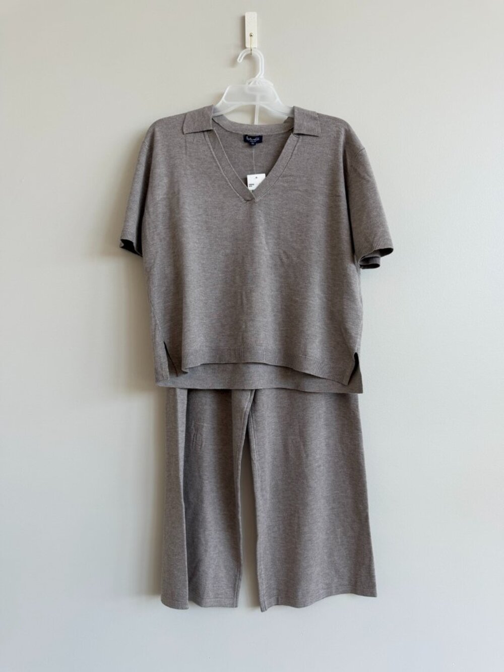NWT Splendid Knit Polo Top & Wide Leg Pants Set Taupe Medium $286
